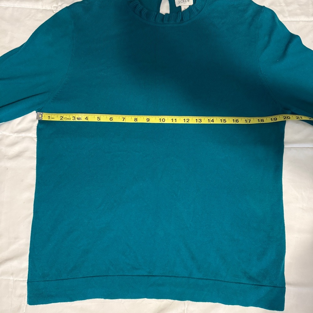 J. Crew Women’s Large Teal Ruffle Neck Cotton Sweater Keyhole Back Long Sleeve L - Picture 4 of 6